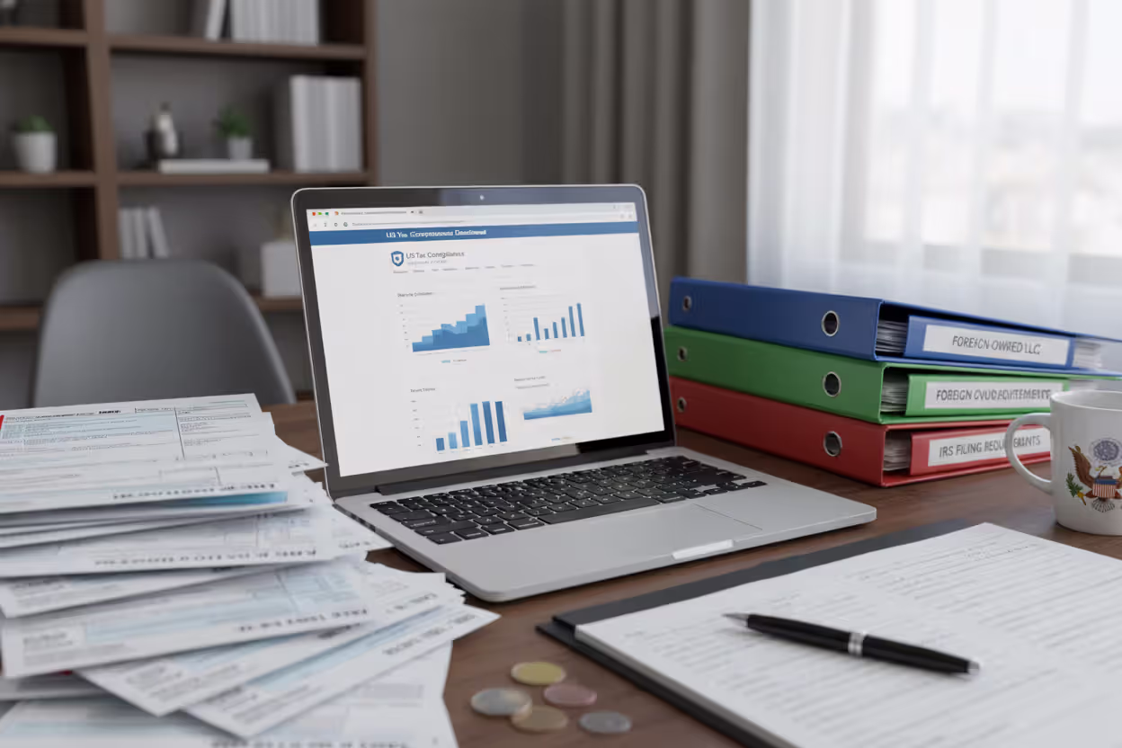 U.S. tax reporting documents for a foreign-owned LLC on a desk