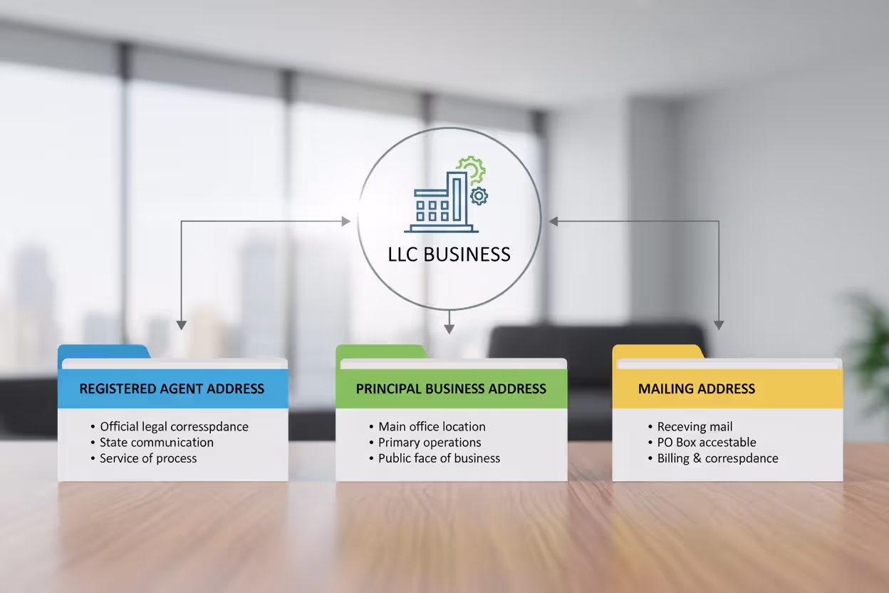 Three types of LLC addresses shown as separate labeled business documents