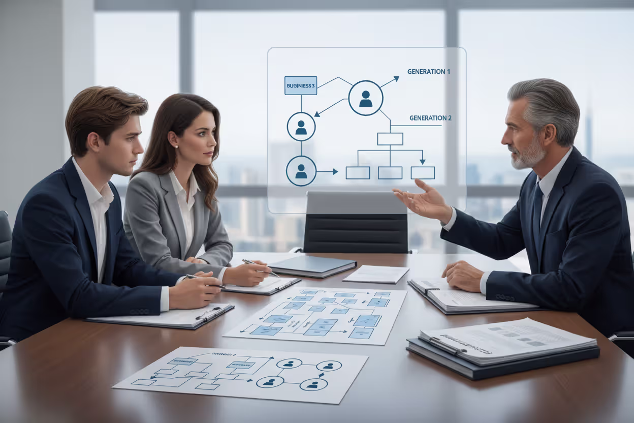 Family business succession planning meeting with ownership documents