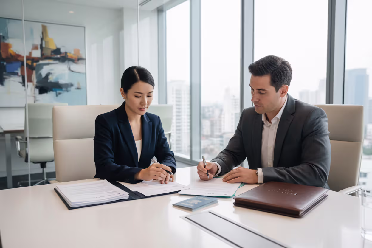 Business owner updating LLC bank account records with a bank representative