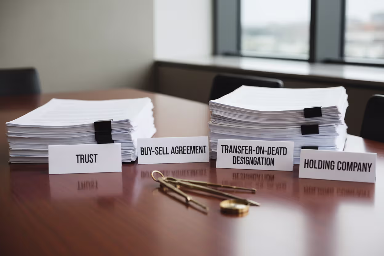 Documents showing trust, buy-sell agreement, TOD designation, and holding company options