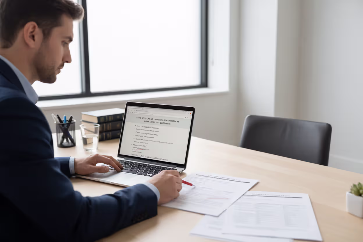 Business owner reviewing LLC naming requirements and registration forms