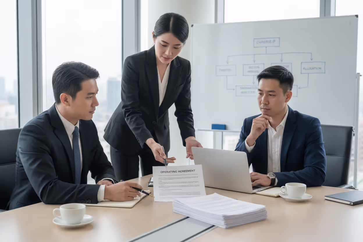 Business partners reviewing an LLC operating agreement