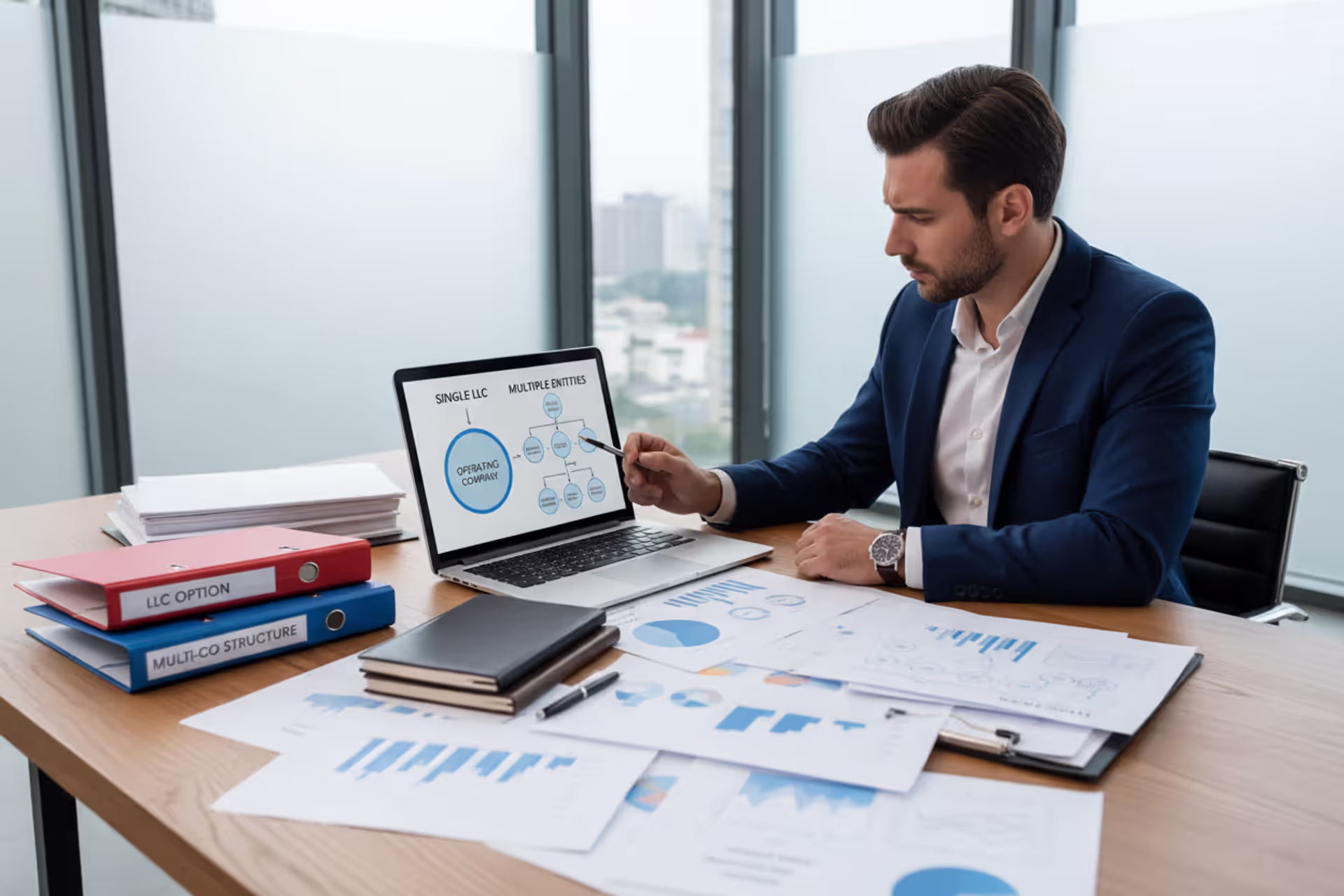 Entrepreneur reviewing business structure options for one LLC versus multiple LLCs