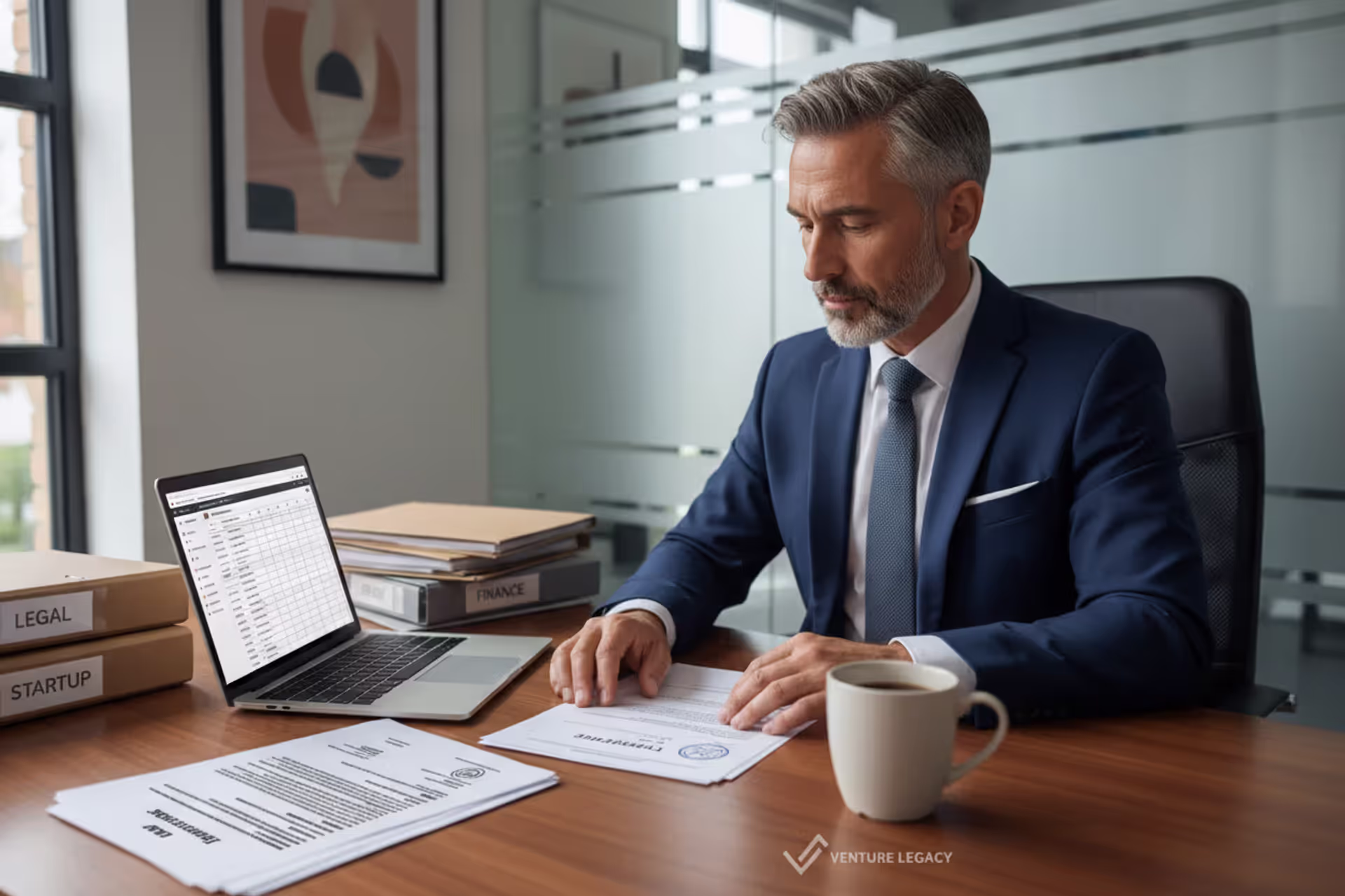 Entrepreneur reviewing LLC registration documents in a small office