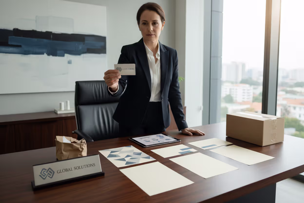 Business owner rebranding company materials after a trademark conflict