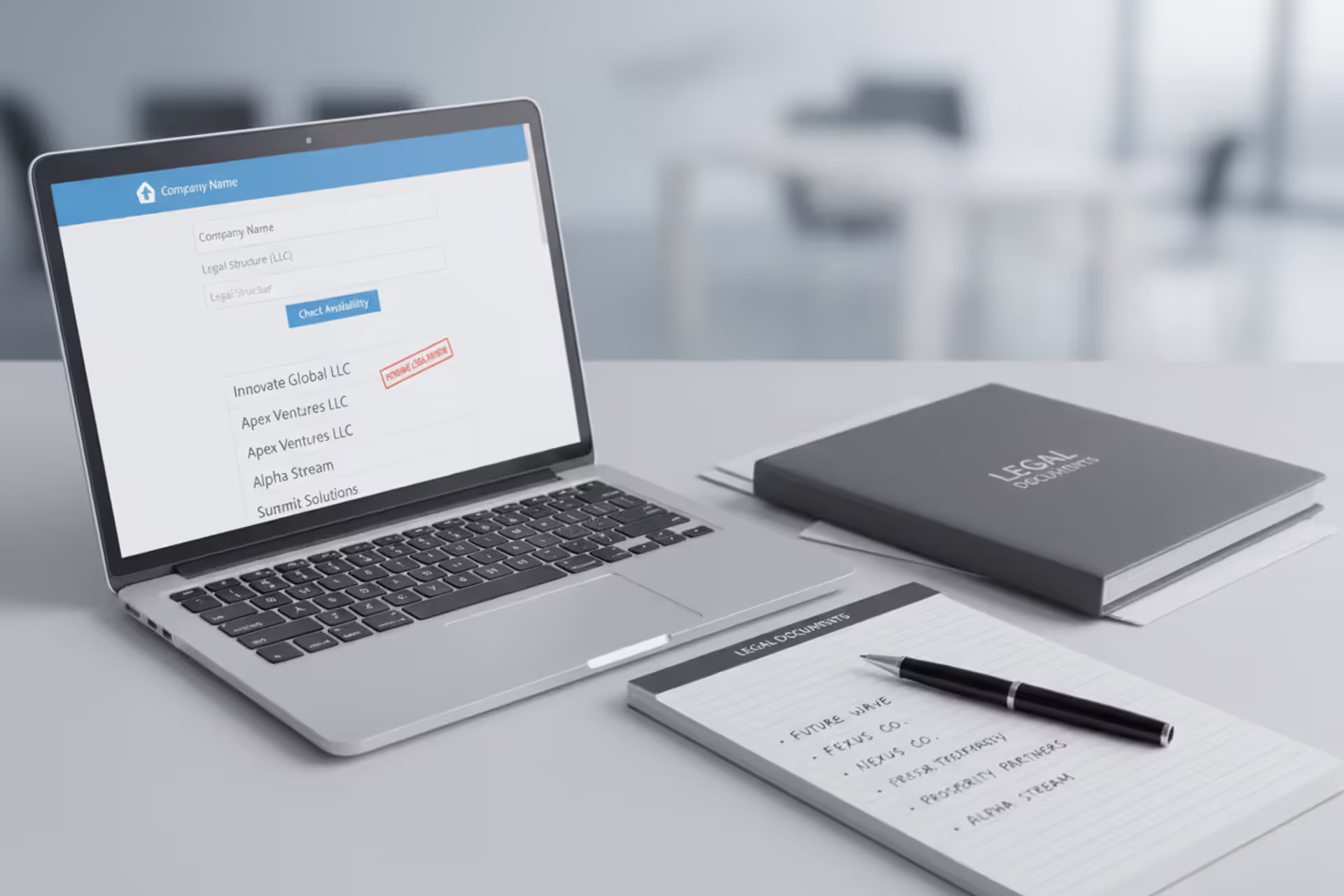 Entrepreneur choosing an LLC name with business formation documents on a desk