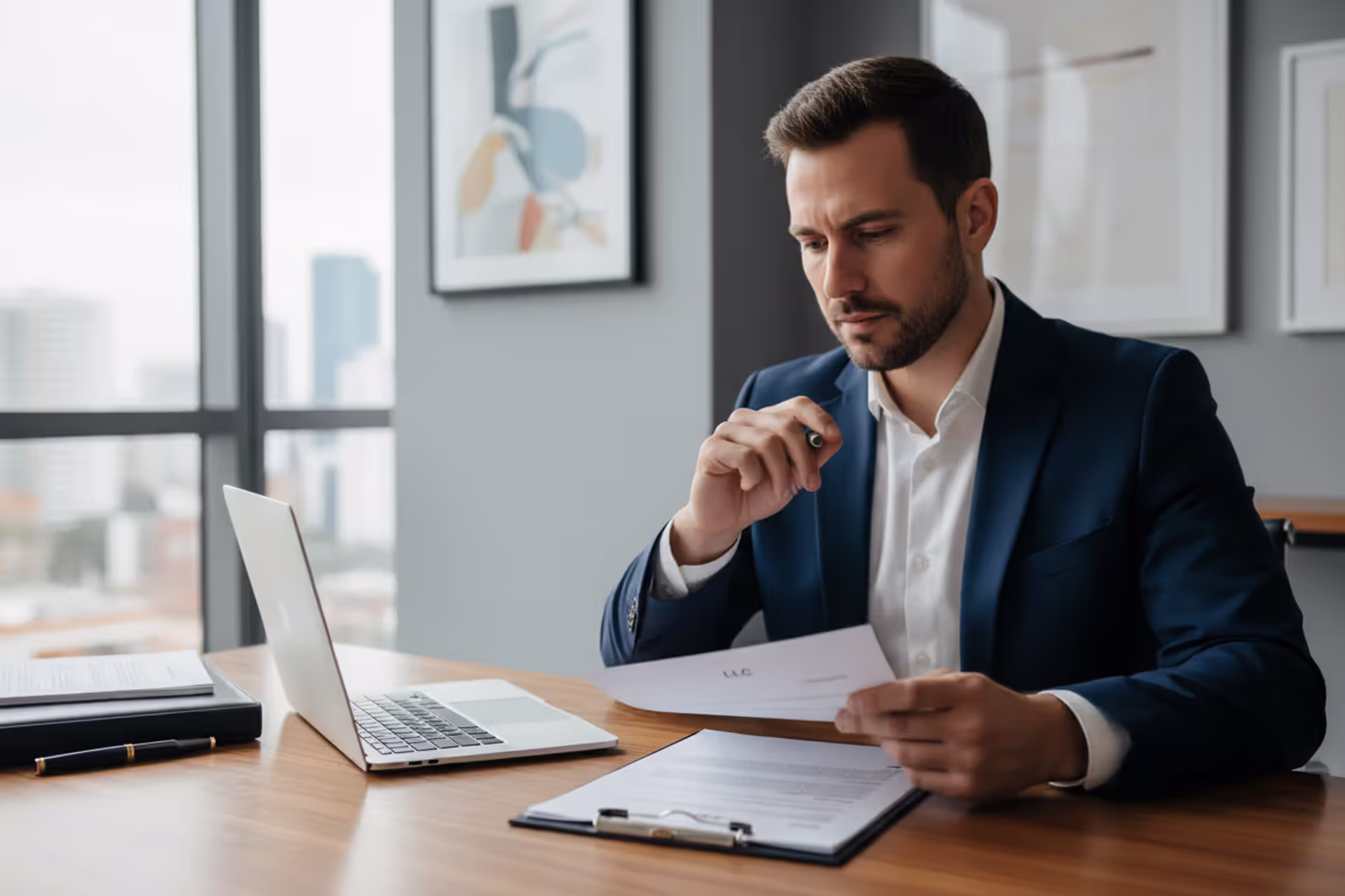 Business owner reviewing LLC documents at office desk