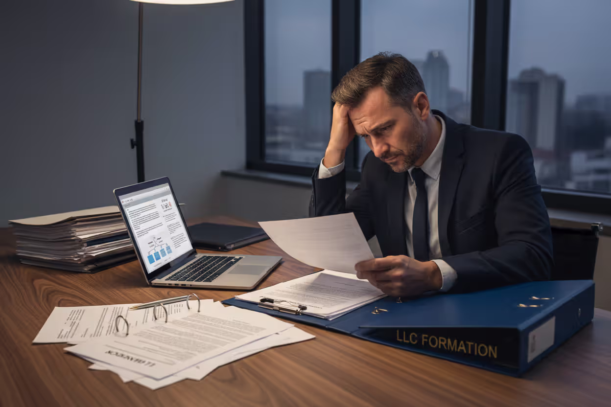 Concerned business owner reviewing legal documents after delayed LLC formation