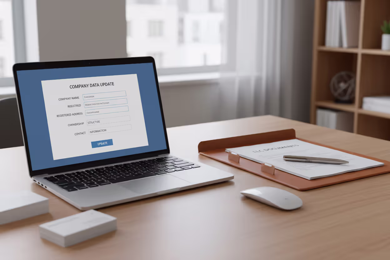 LLC compliance documents and online filing form on a laptop