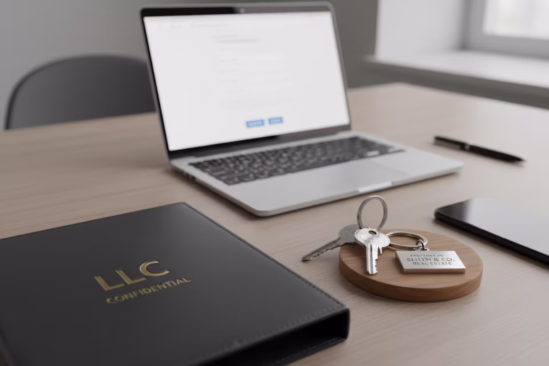 Business documents and property keys symbolizing anonymous LLC ownership