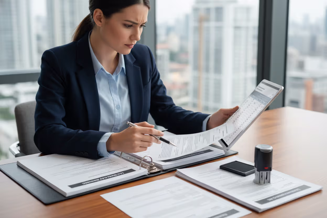 Bank representative reviewing LLC state filing documents