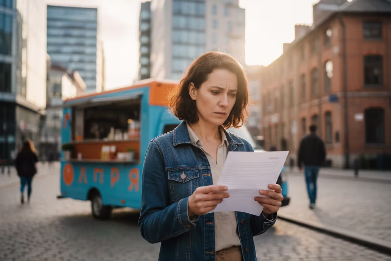 Food truck owner reading legal notice near business vehicle