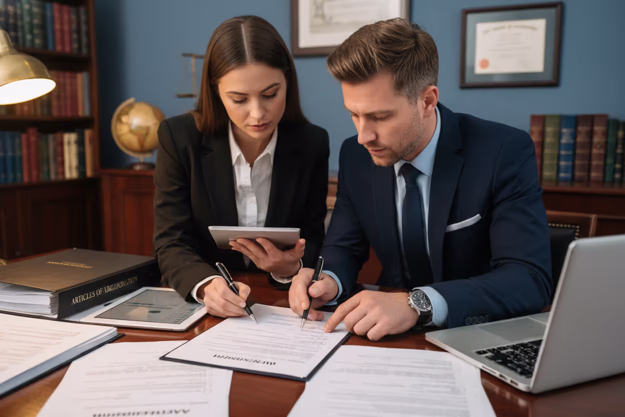 Two professionals reviewing completed LLC amendment form