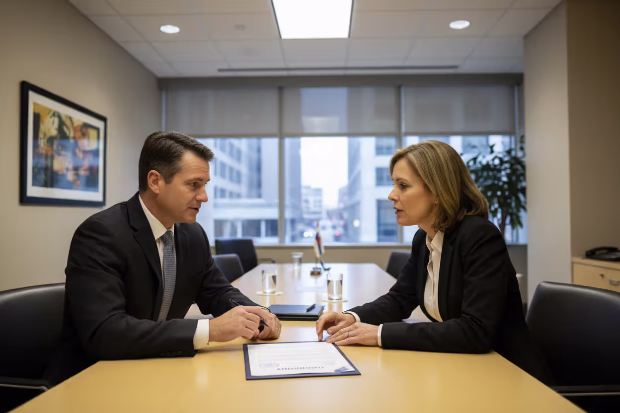 Business owner presenting certified LLC amendment at bank