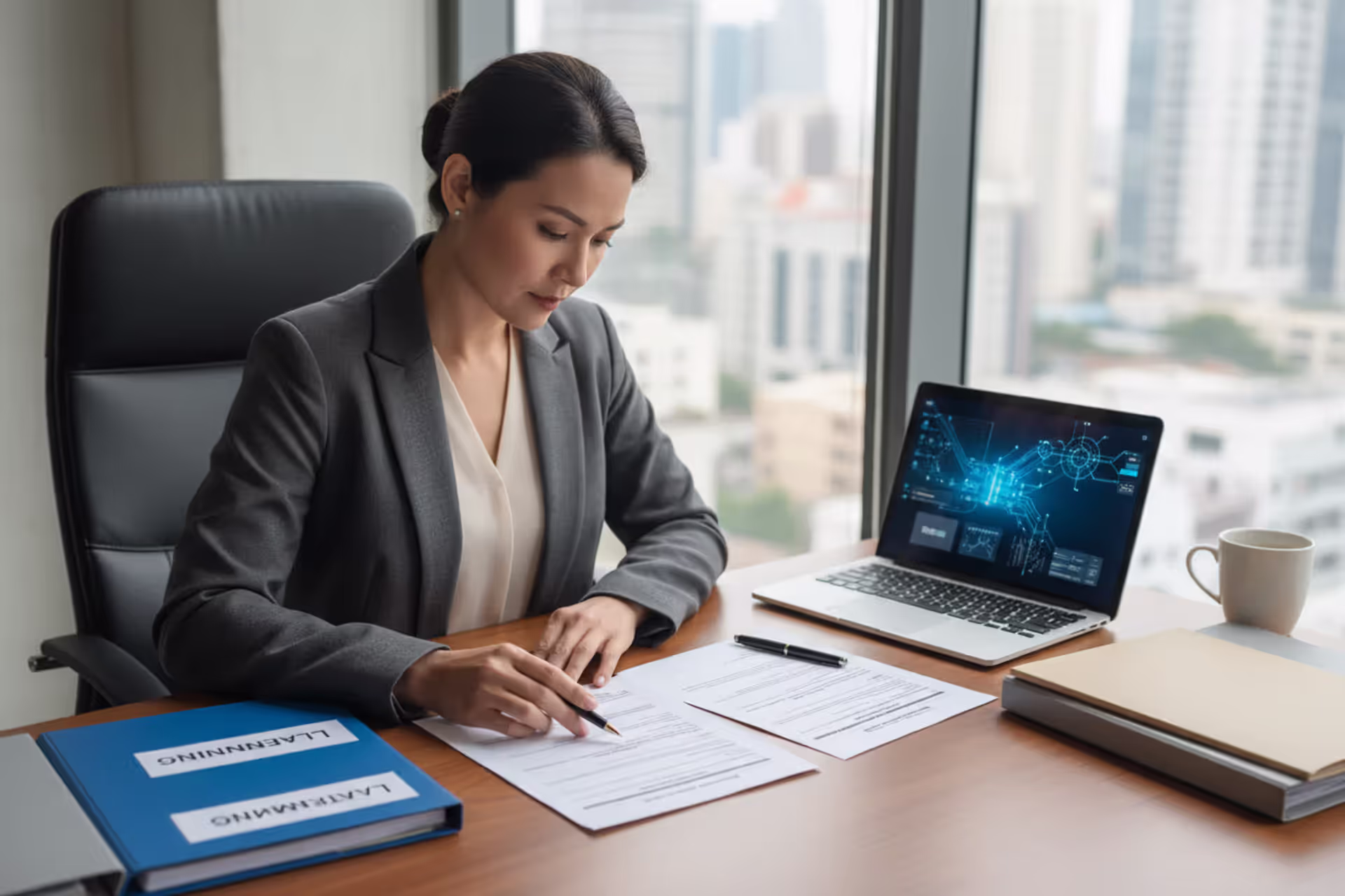 Business owner reviewing LLC name change documents at office desk