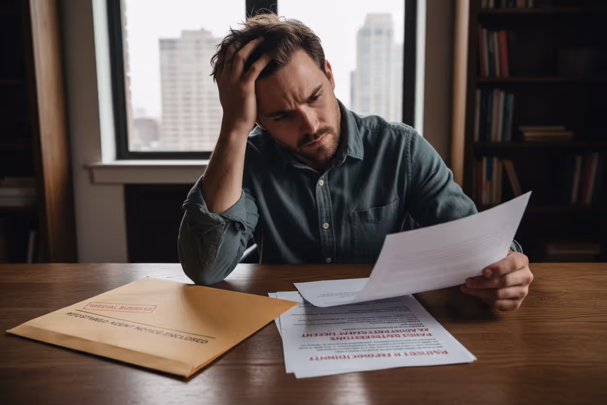 Business owner worried about legal documents in a home office