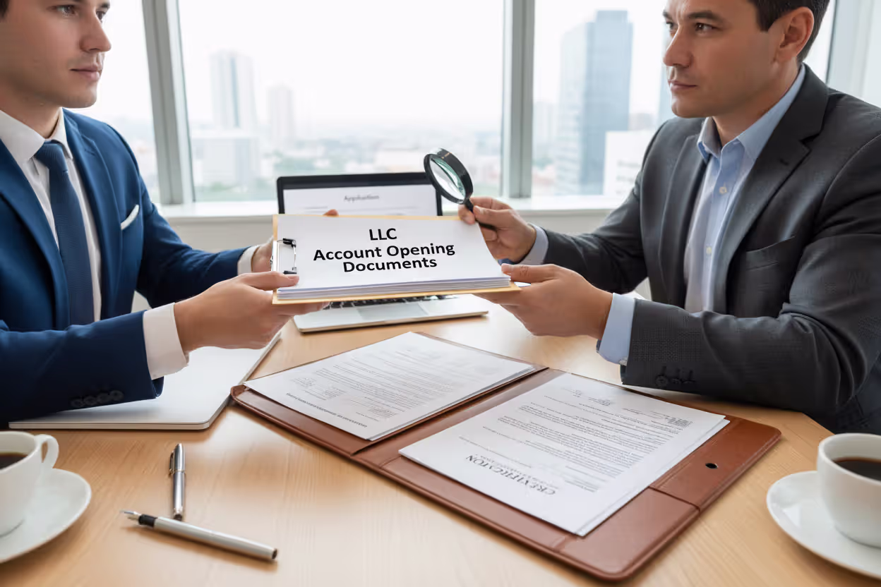 Business owner submitting LLC documents to a bank representative