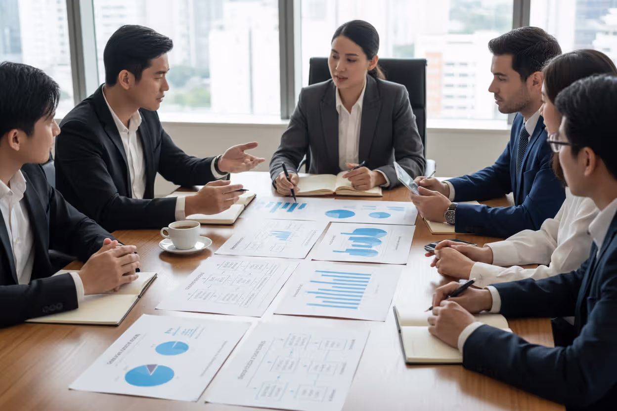 Investors reviewing a complex business structure during a funding discussion