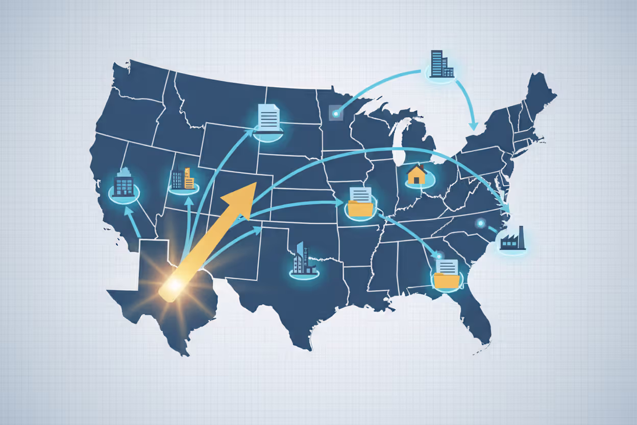 U.S. business expansion map with LLC relocation and property states