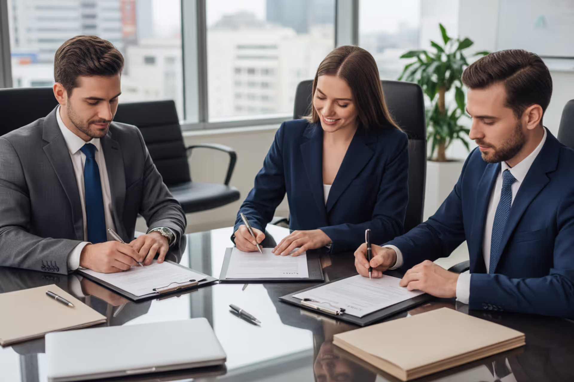 Business owners signing LLC membership documents in an office