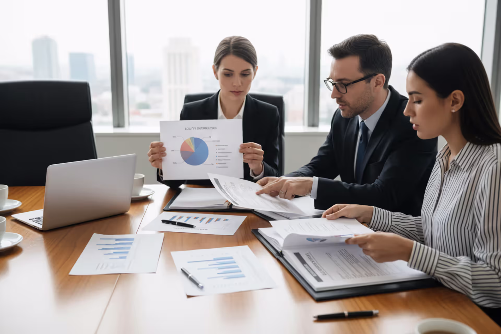 Business owners reviewing LLC ownership documents at a meeting table