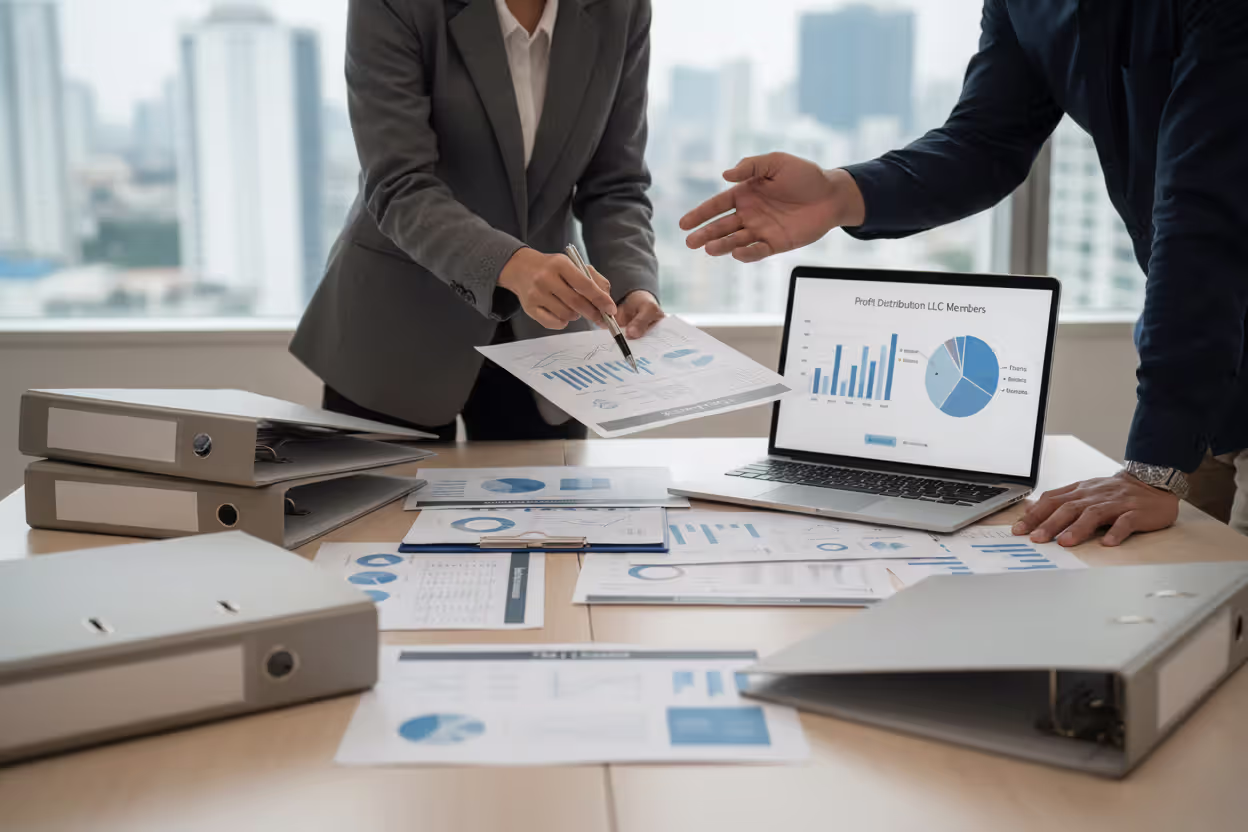 Business partners reviewing tax documents and profit allocation reports