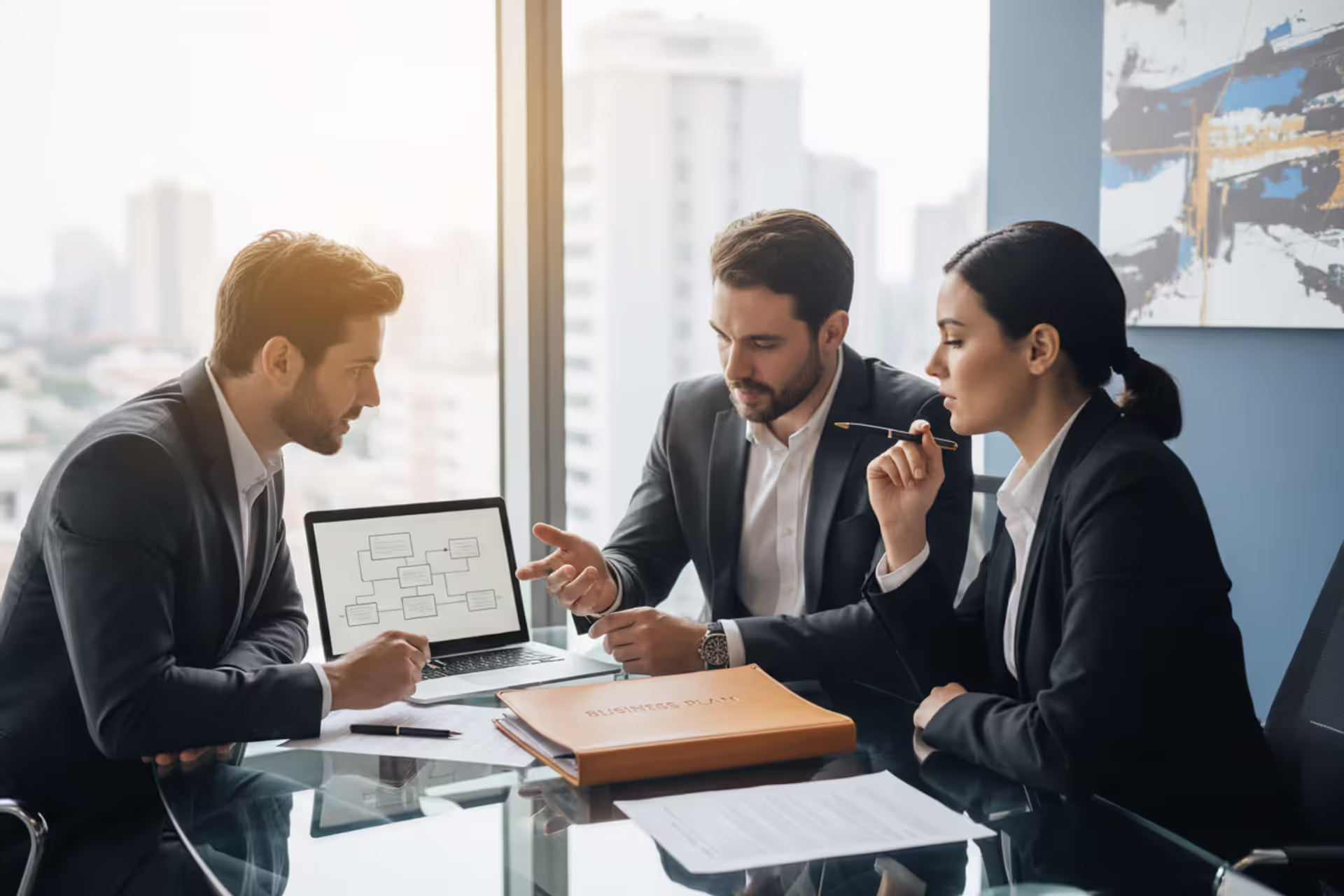 Business partners discussing LLC formation at a meeting table