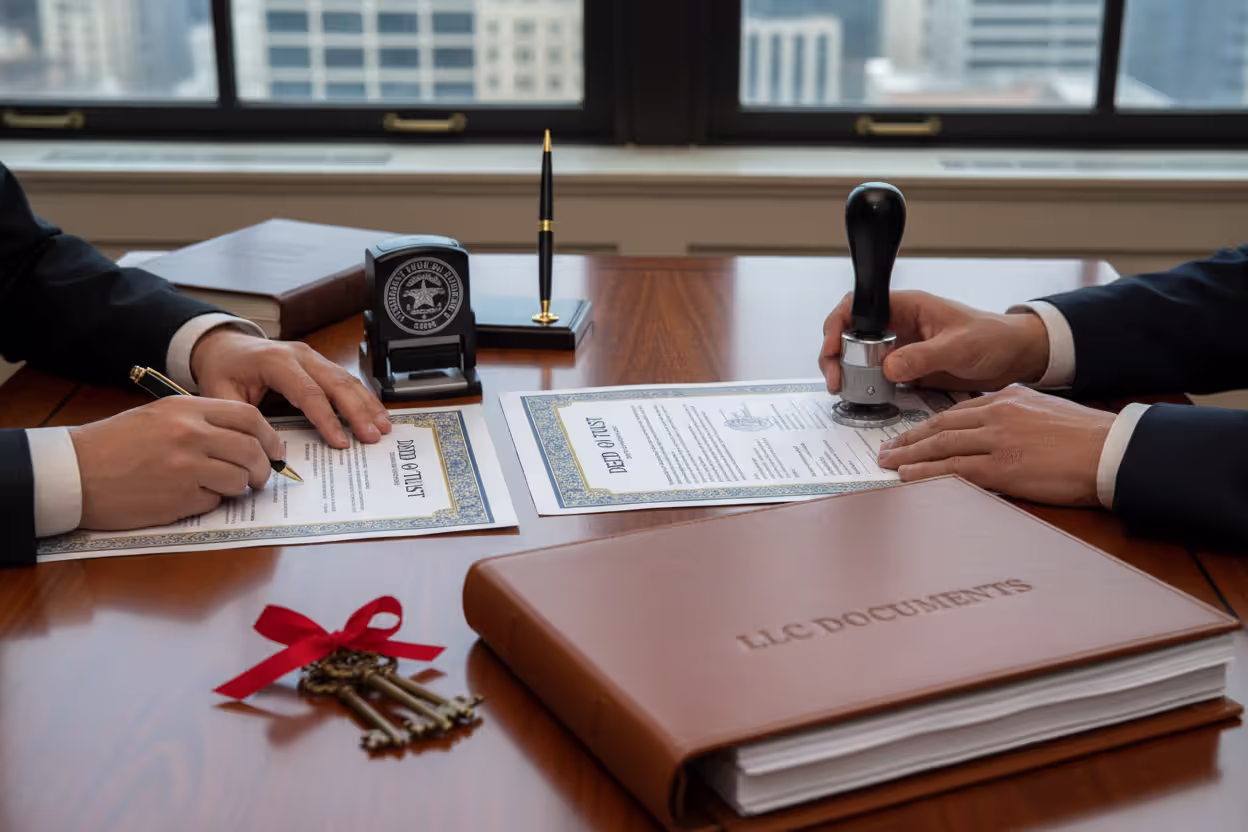 Signing a property deed to transfer real estate into an LLC