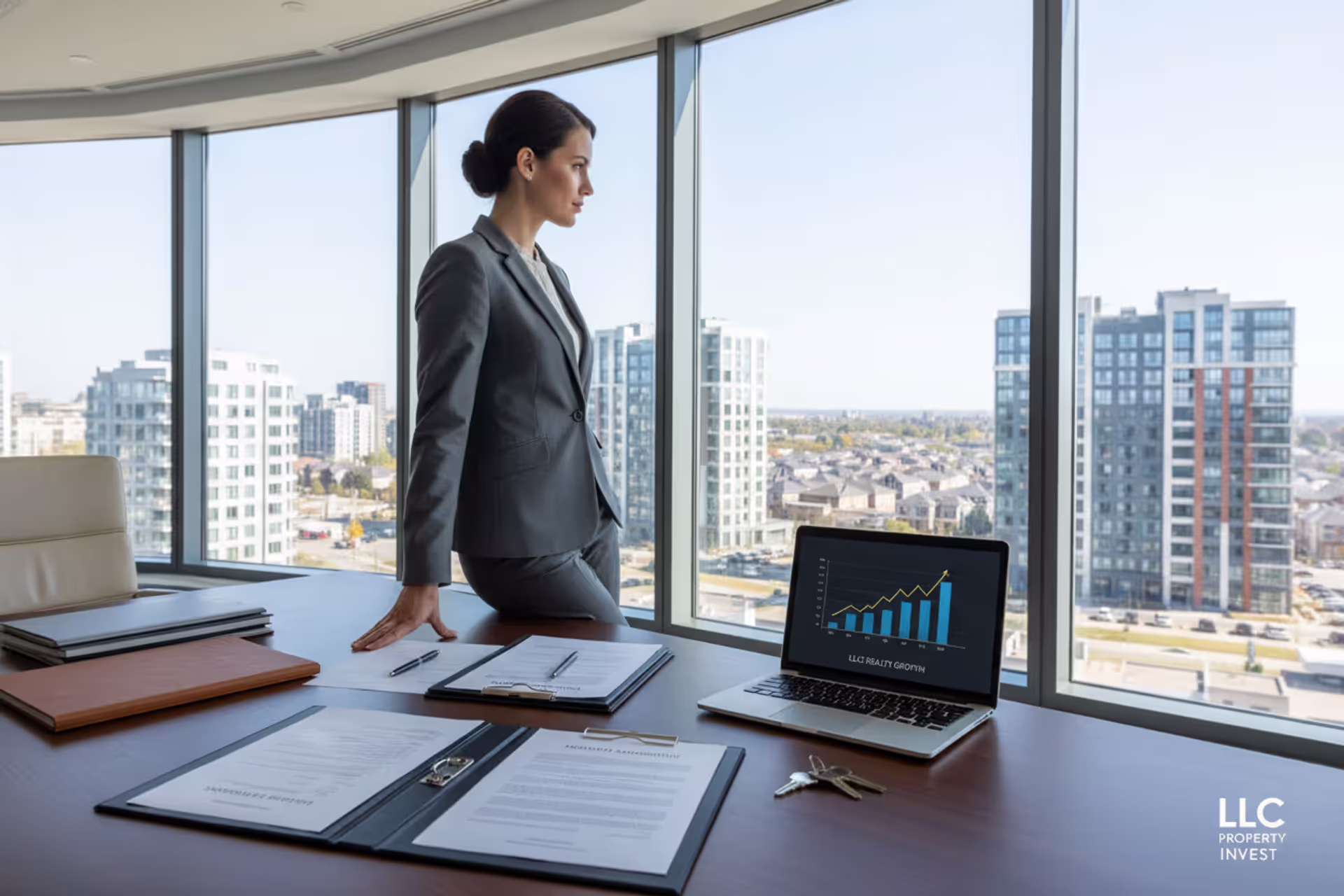 Real estate investor reviewing LLC property documents in a modern office