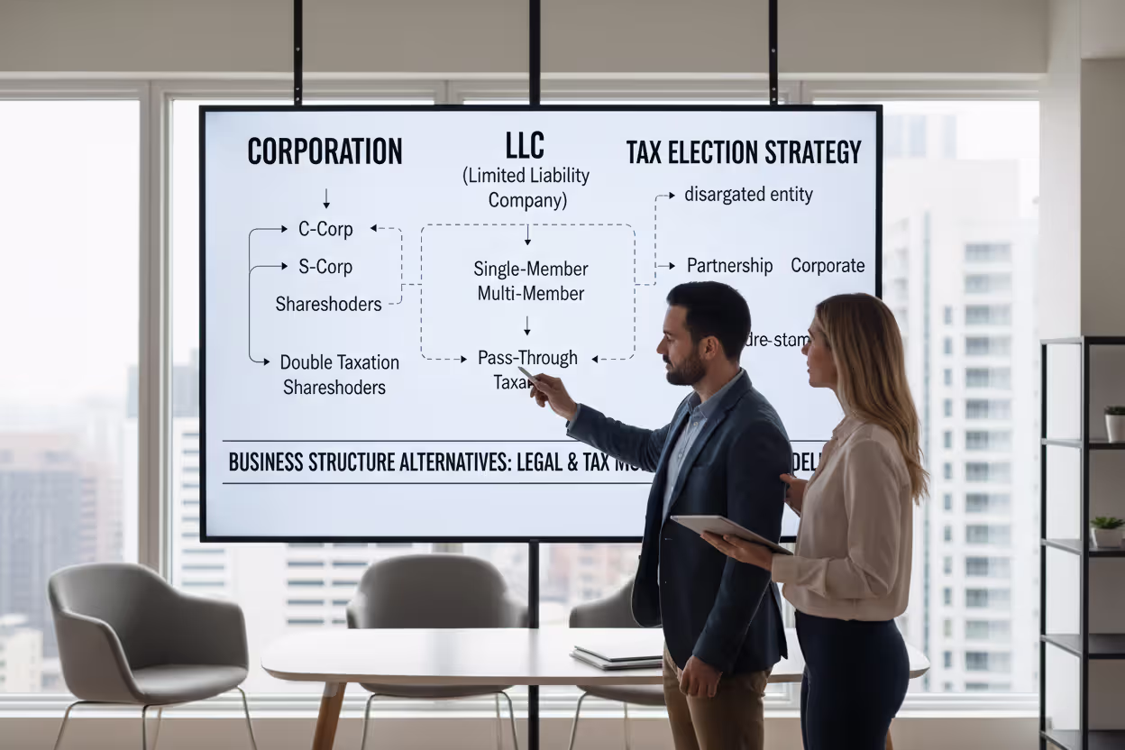 Business owner and advisor comparing entity structure options