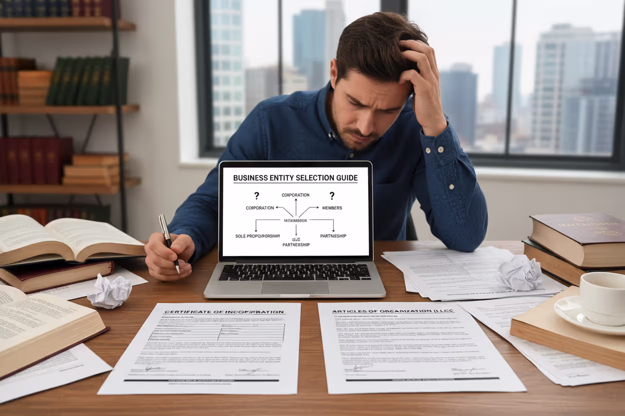 Entrepreneur comparing LLC and corporation filing documents
