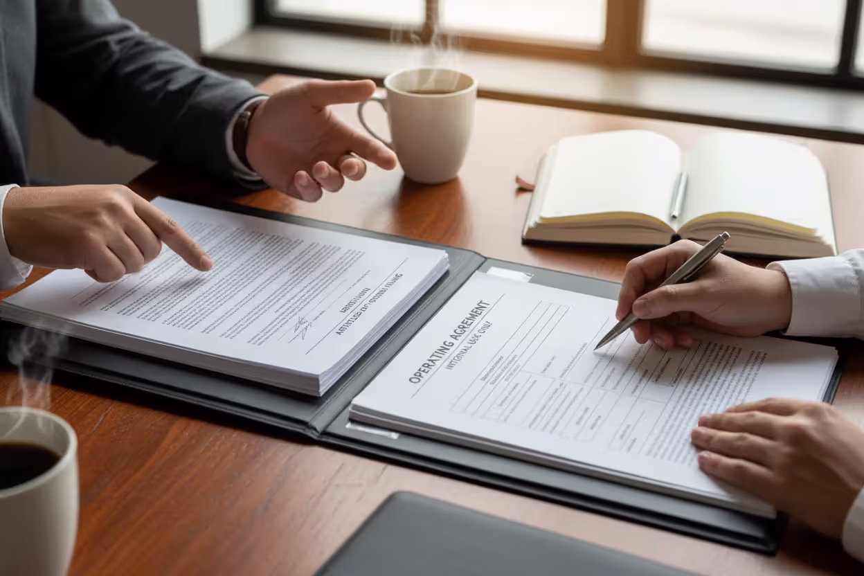 LLC formation documents and operating agreement on office desk