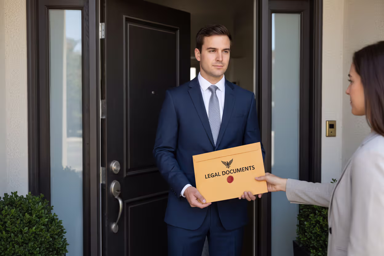 Process server delivering legal documents to a business address