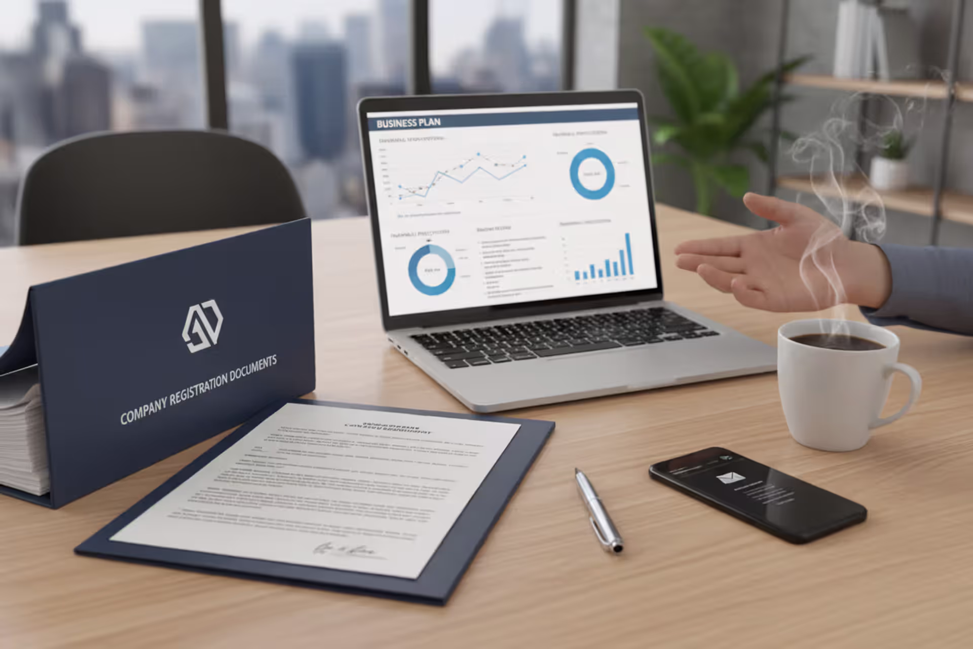 Business owner preparing LLC registration documents at a desk