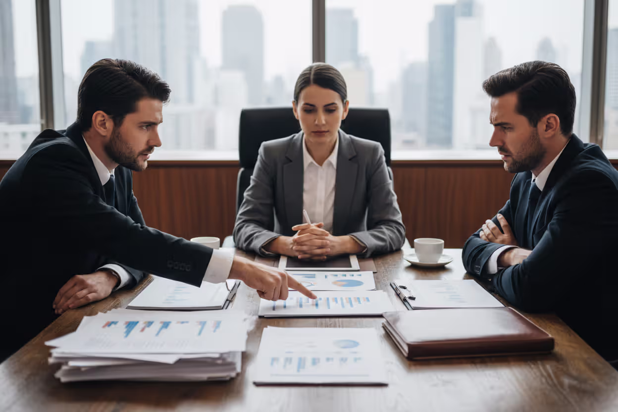 Business partners in a dispute over LLC terms with a lawyer present