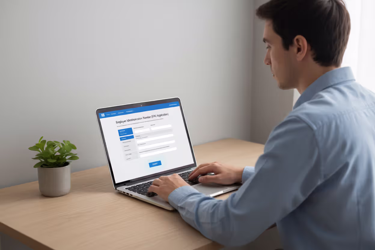 Person completing online EIN application on laptop