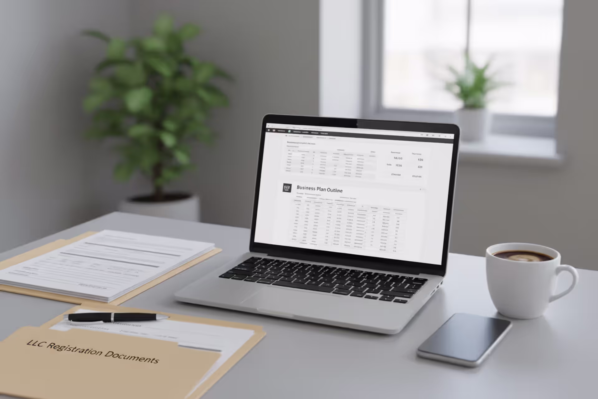 Business owner preparing LLC and EIN documents at desk