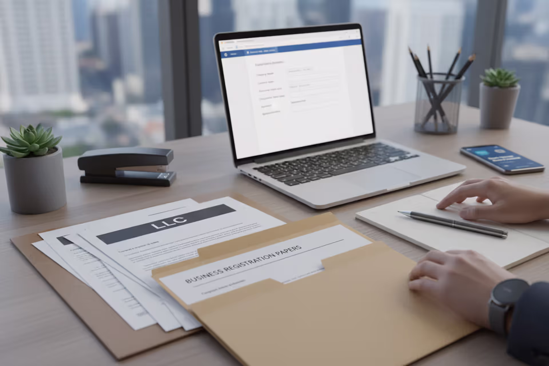 Business registration documents and LLC paperwork on an office desk