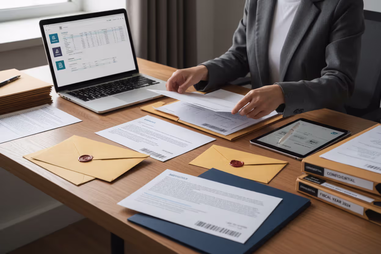 Office worker sorting legal and tax documents for a business