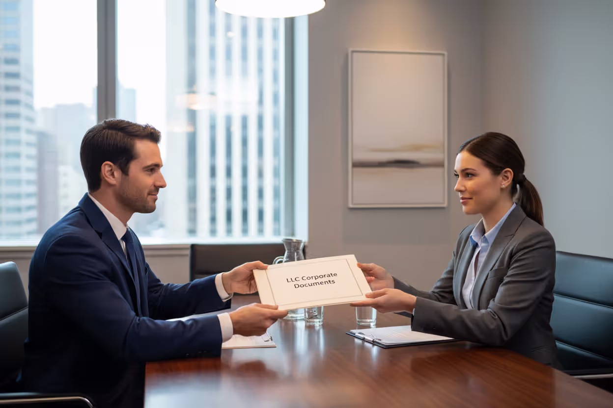 Business owner presenting LLC documents to a banker
