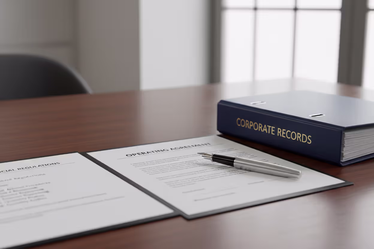 Organized LLC paperwork and operating agreement on a desk