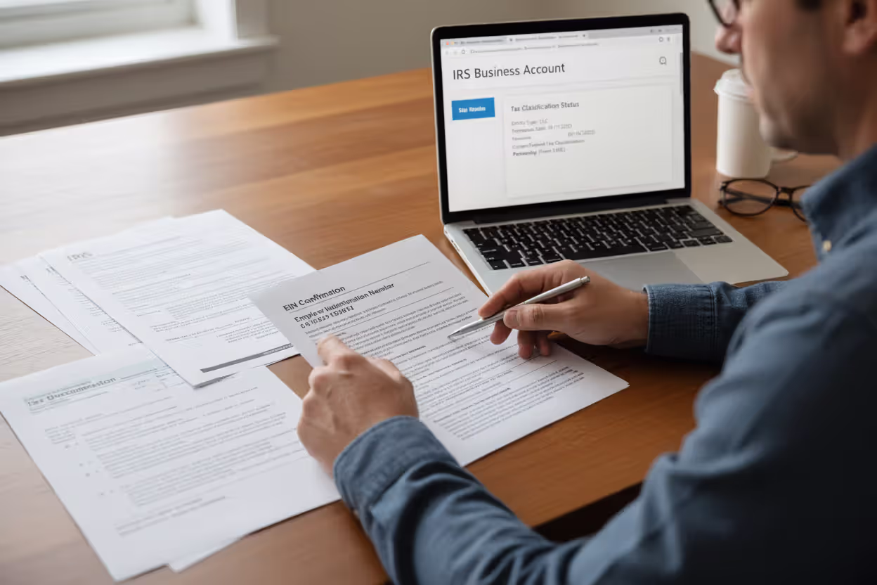 Person checking LLC tax classification documents and EIN records