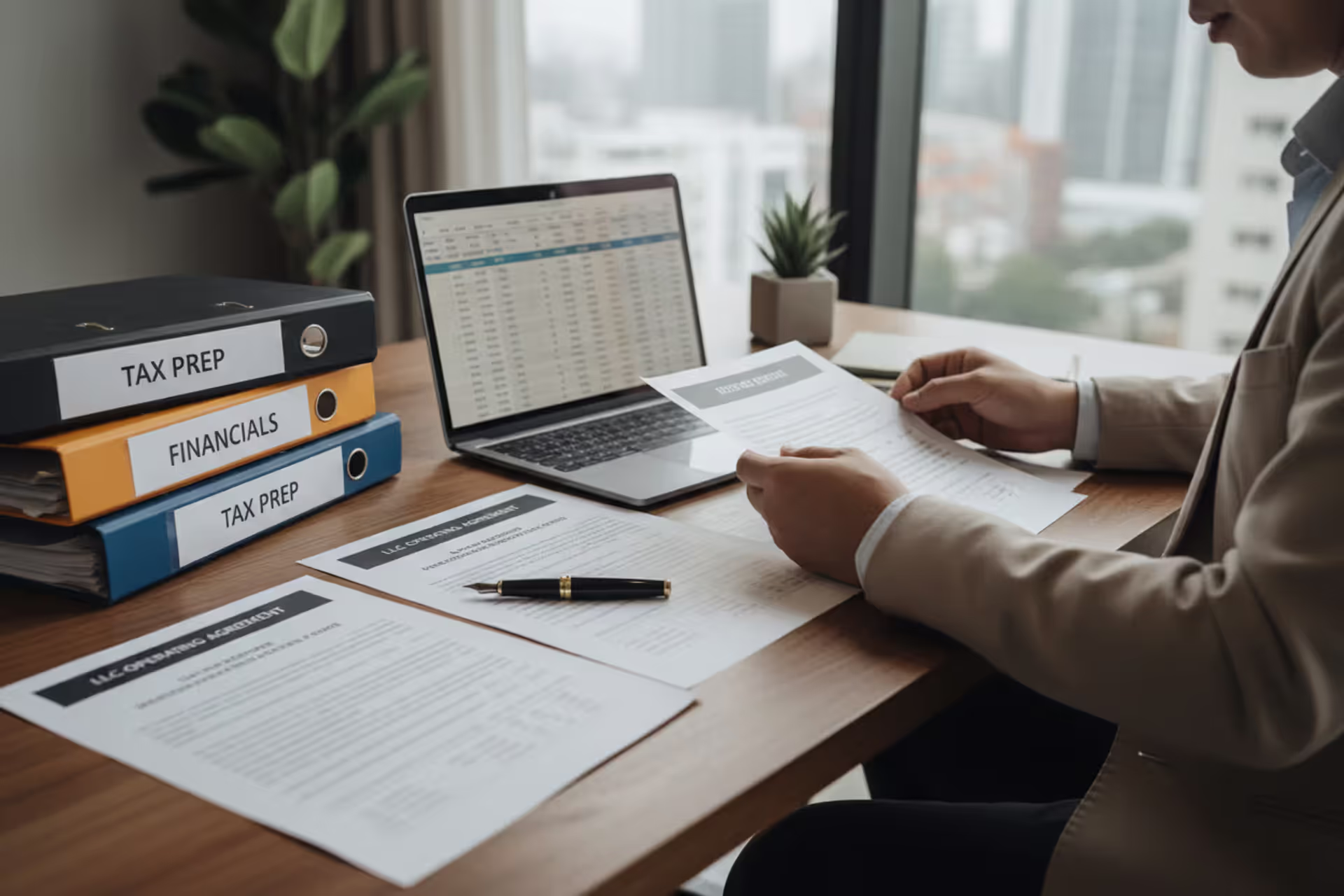 Small business owner reviewing LLC tax documents at office desk