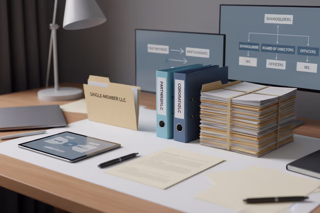 Business documents representing different LLC tax classifications on a desk
