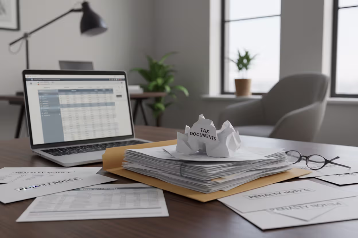 Tax penalty notices and business paperwork on a desk