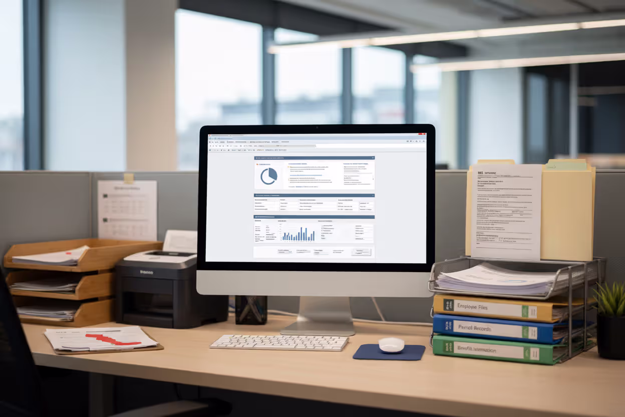 Organized payroll records and employee forms in an office