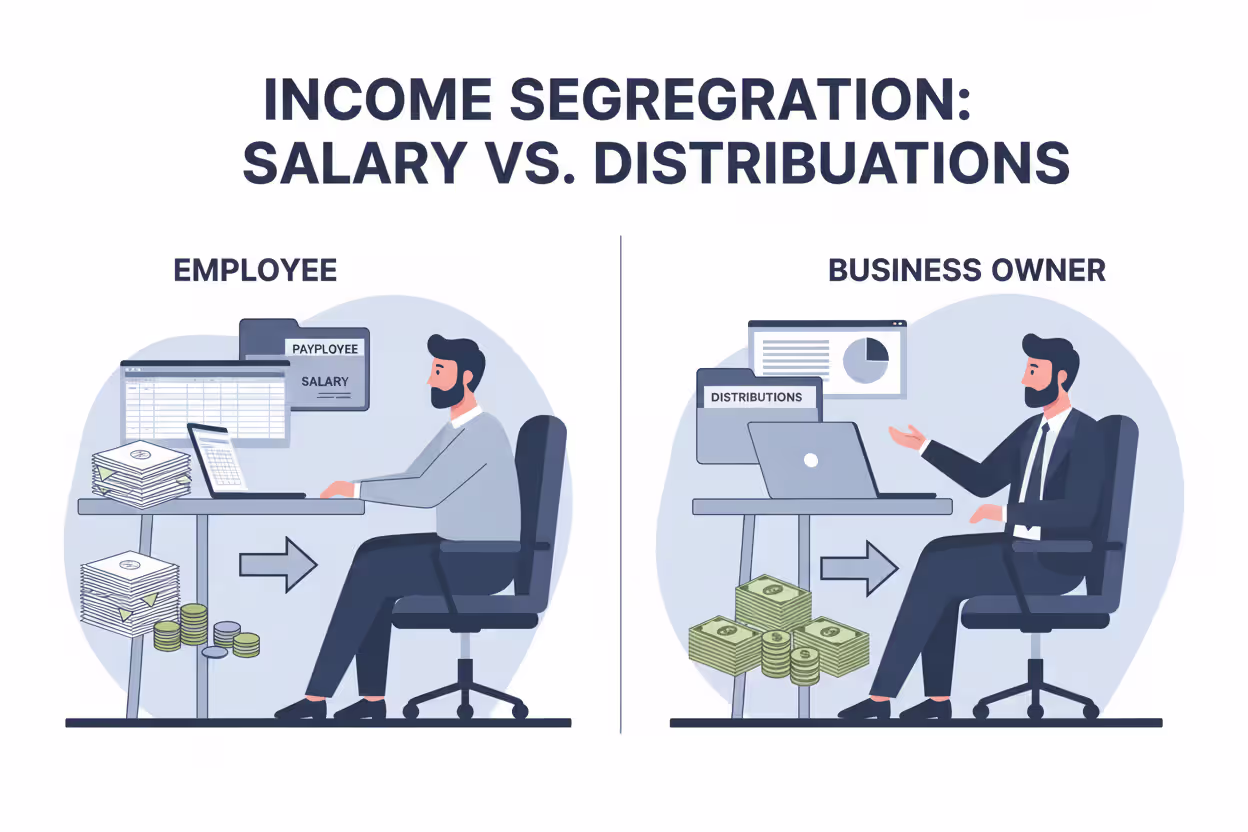 Business owner shown as both employee and company owner reviewing payroll and distribution documents