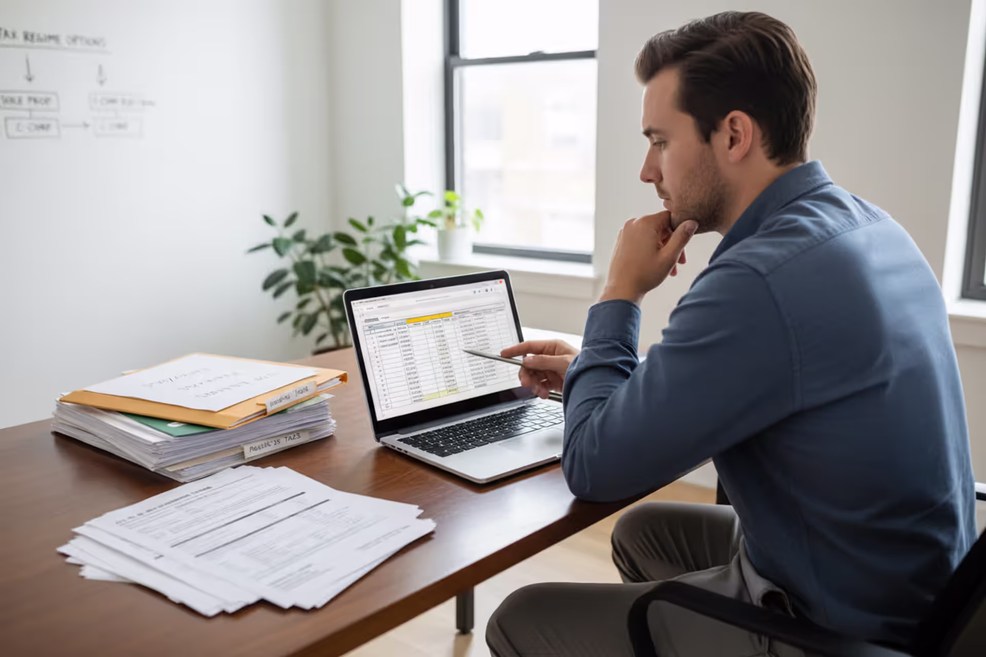 Small business owner reviewing LLC and S corporation tax documents in an office