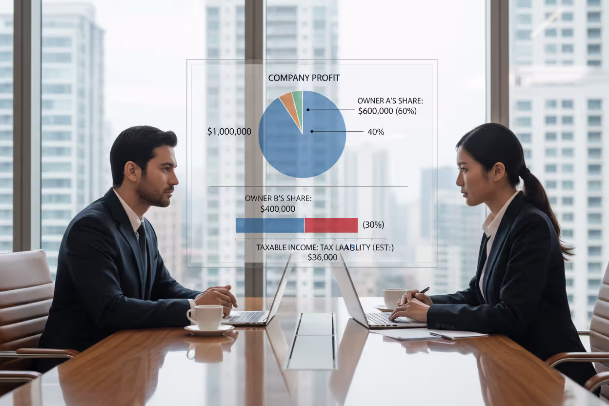 Two LLC partners reviewing profit allocation and taxable share